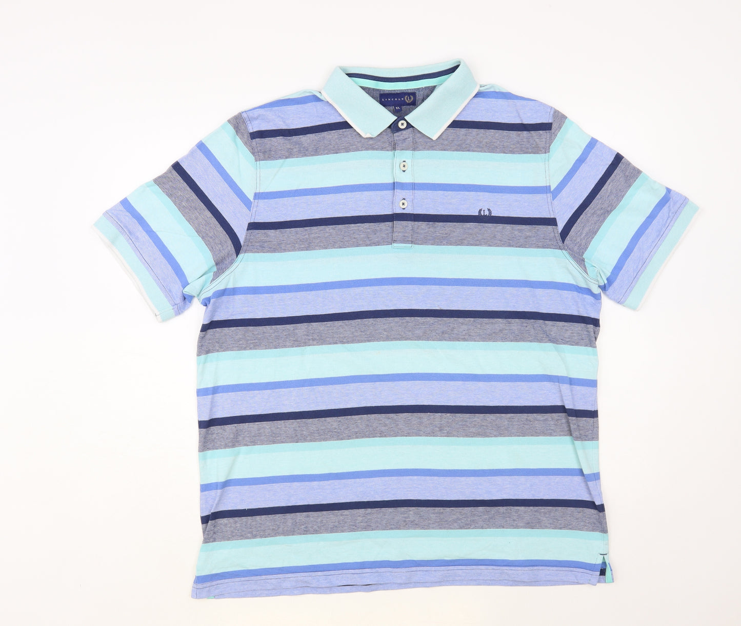 Lincoln Mens Blue Striped Cotton Polo Size XL Collared Button