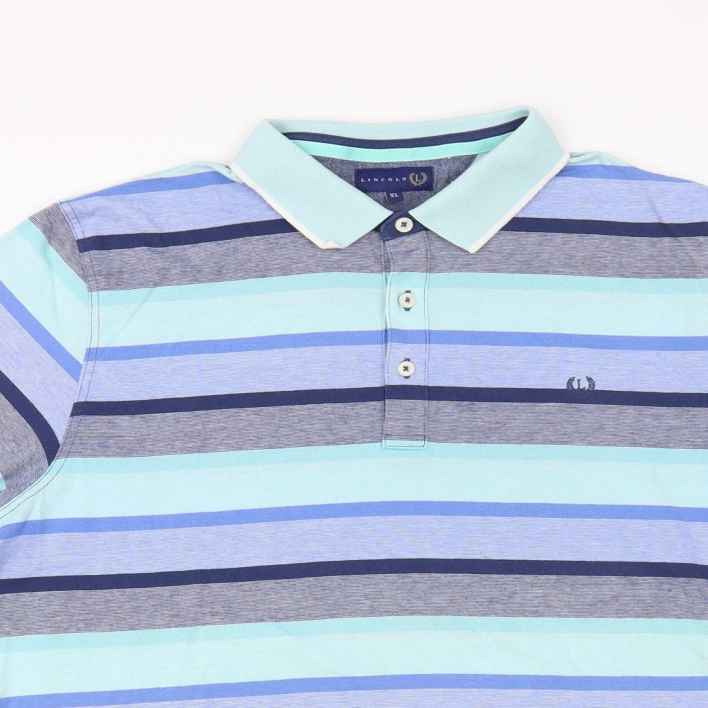 Lincoln Mens Blue Striped Cotton Polo Size XL Collared Button