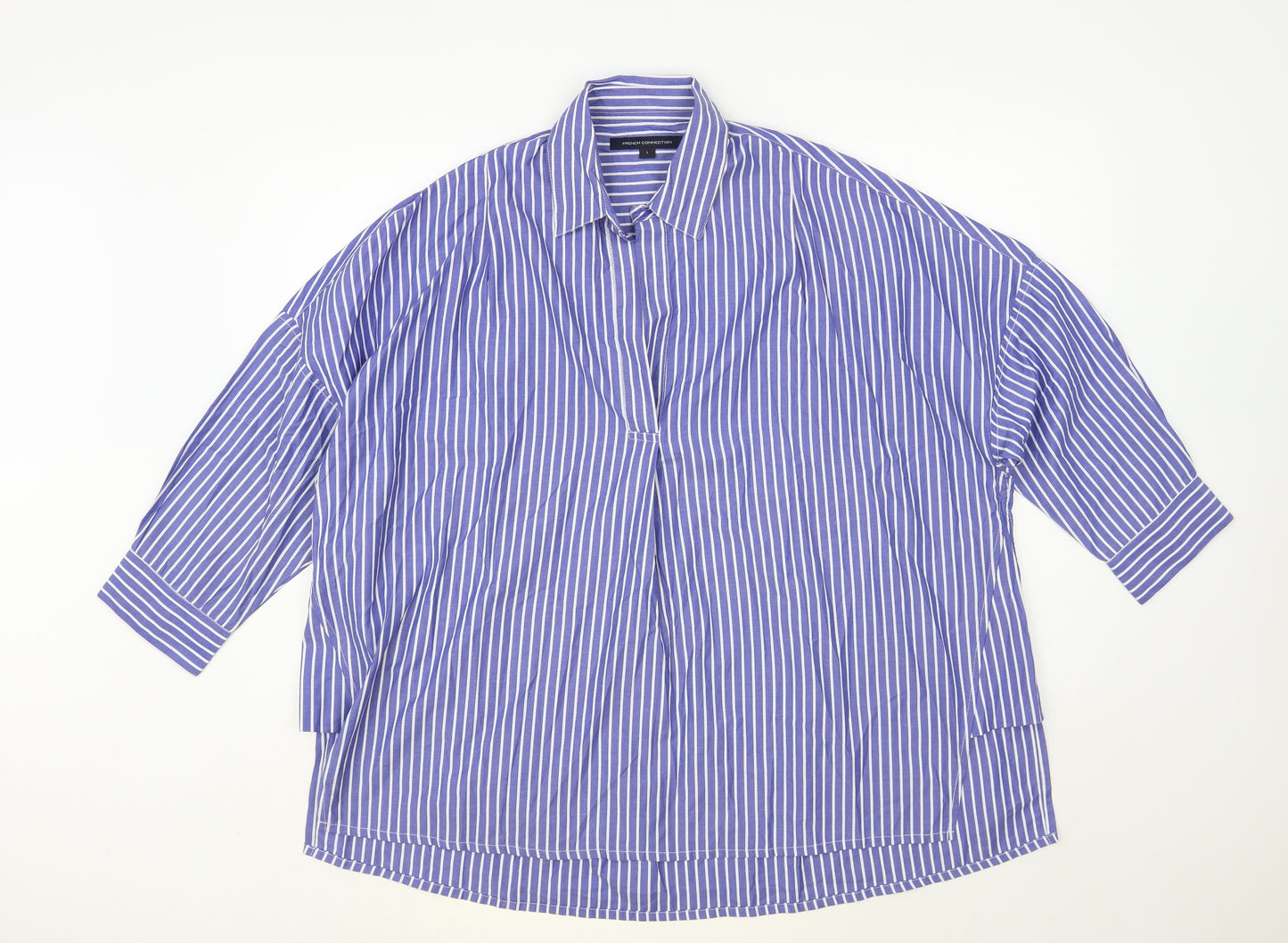 French Connection Womens Blue Striped Polyester Basic Blouse Size L Collared