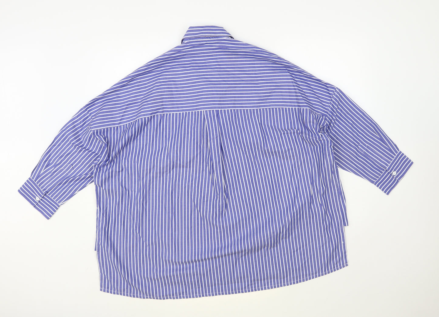French Connection Womens Blue Striped Polyester Basic Blouse Size L Collared