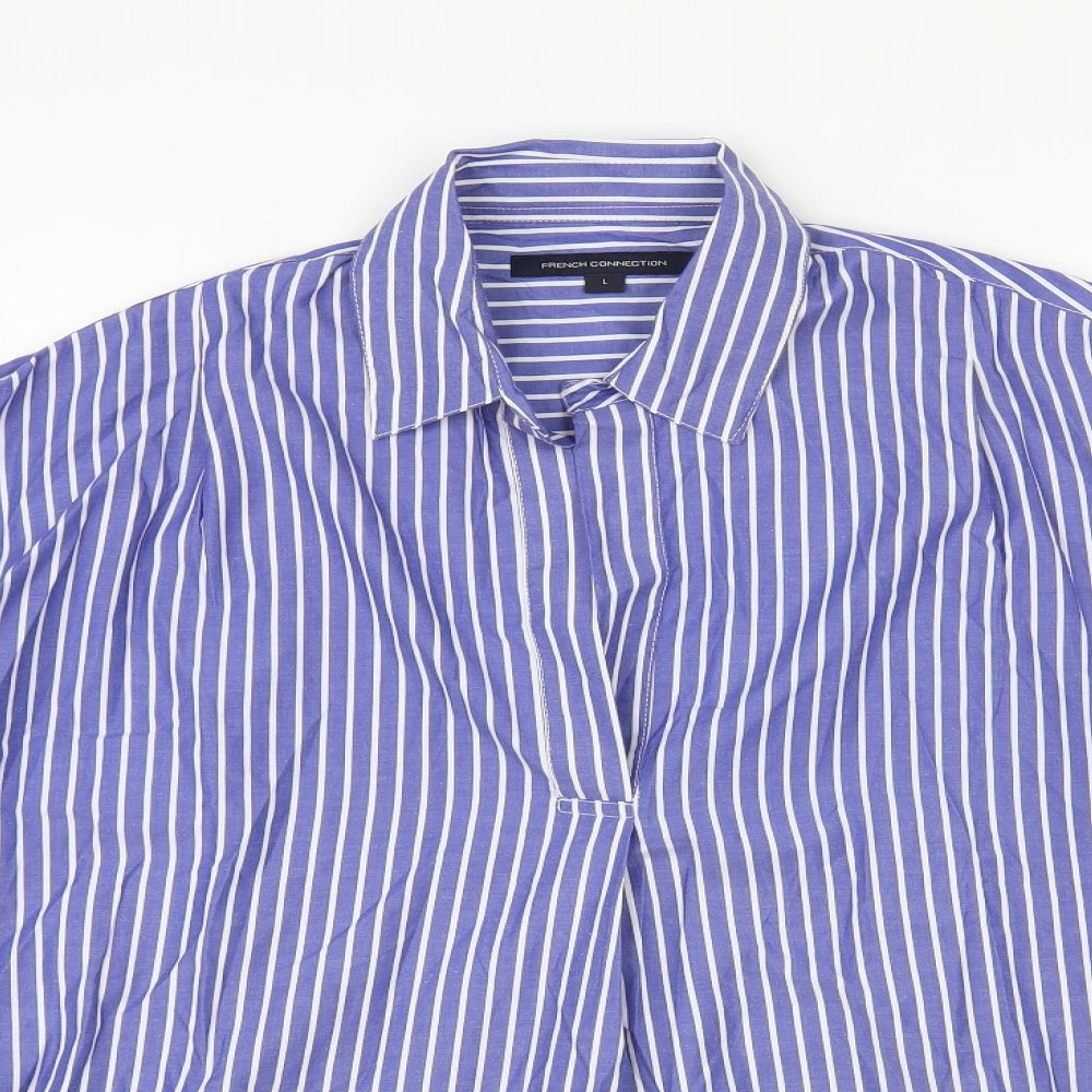 French Connection Womens Blue Striped Polyester Basic Blouse Size L Collared