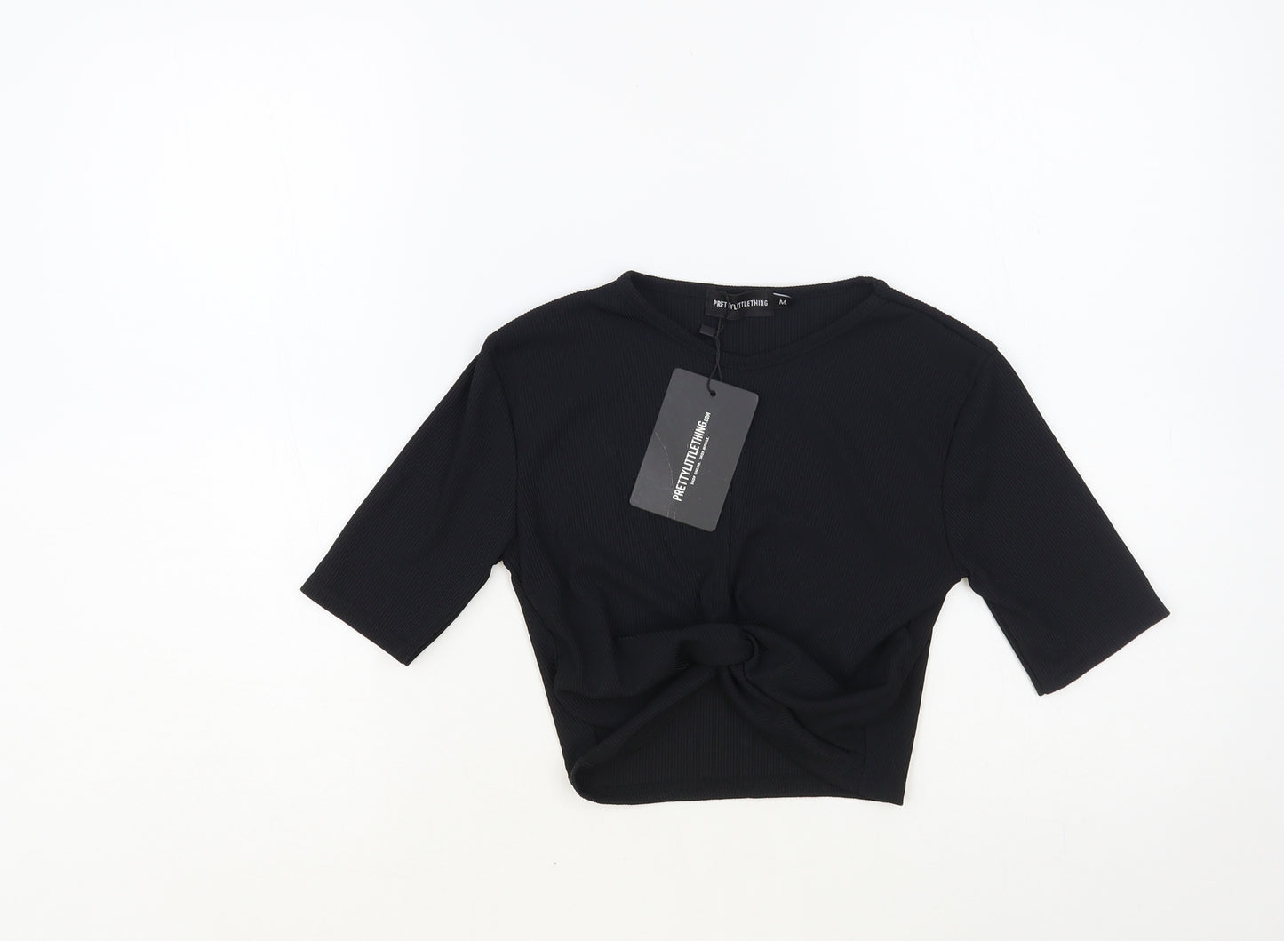 PRETTYLITTLETHING Womens Black Polyester Cropped T-Shirt Size M Crew Neck - Knot Detail