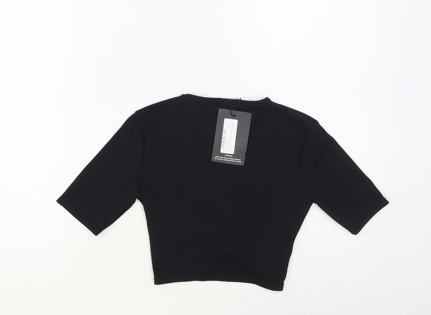 PRETTYLITTLETHING Womens Black Polyester Cropped T-Shirt Size M Crew Neck - Knot Detail