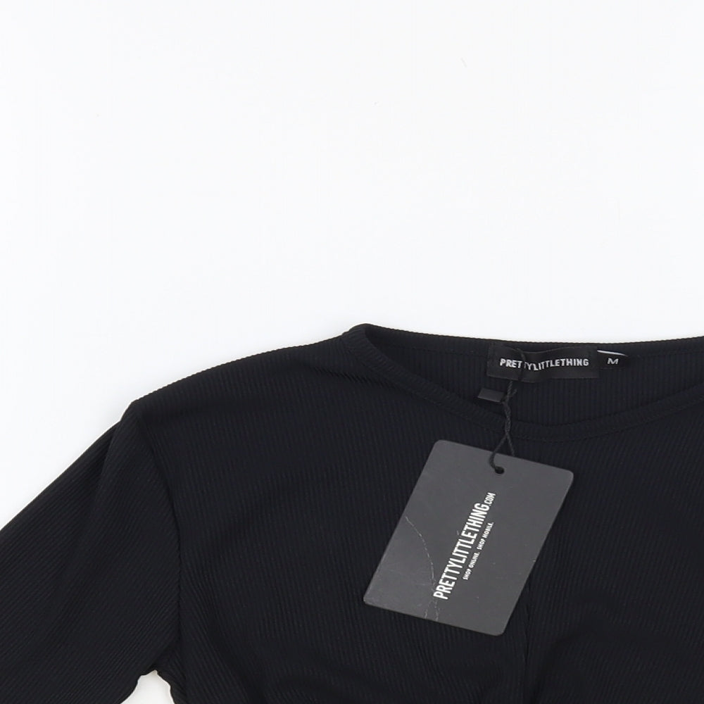 PRETTYLITTLETHING Womens Black Polyester Cropped T-Shirt Size M Crew Neck - Knot Detail