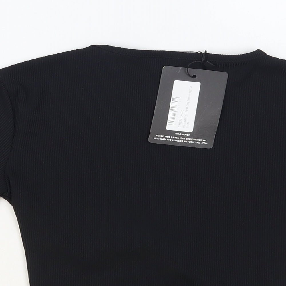 PRETTYLITTLETHING Womens Black Polyester Cropped T-Shirt Size M Crew Neck - Knot Detail