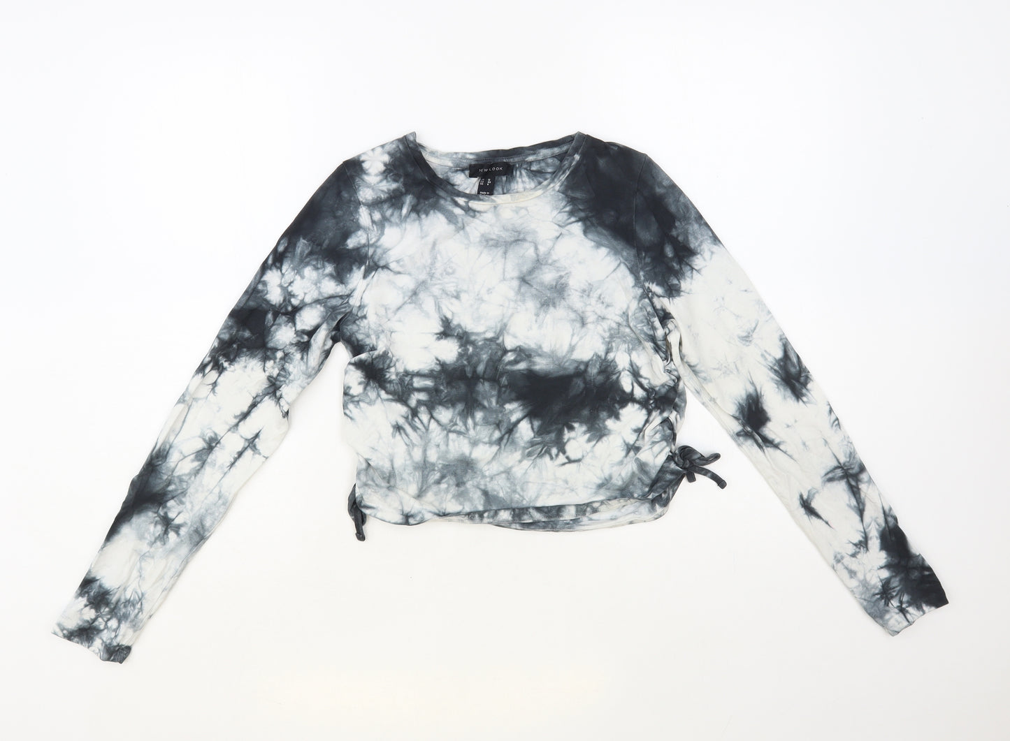 New Look Womens Grey Geometric Cotton Cropped T-Shirt Size 12 Crew Neck - Tie-Dye Ruched Tie Sides