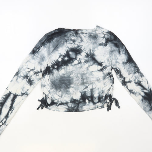 New Look Womens Grey Geometric Cotton Cropped T-Shirt Size 12 Crew Neck - Tie-Dye Ruched Tie Sides