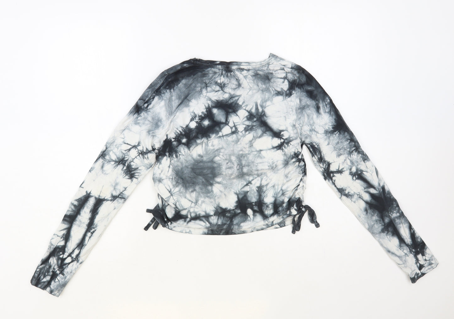 New Look Womens Grey Geometric Cotton Cropped T-Shirt Size 12 Crew Neck - Tie-Dye Ruched Tie Sides