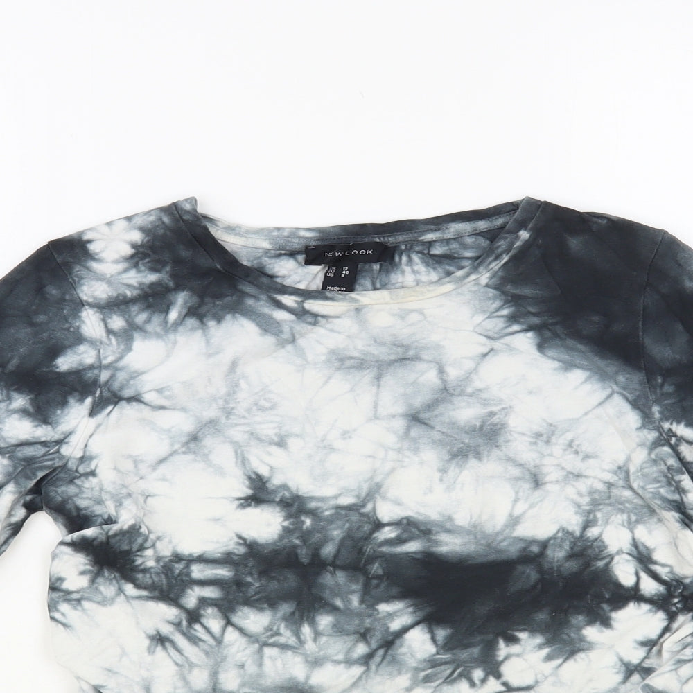 New Look Womens Grey Geometric Cotton Cropped T-Shirt Size 12 Crew Neck - Tie-Dye Ruched Tie Sides