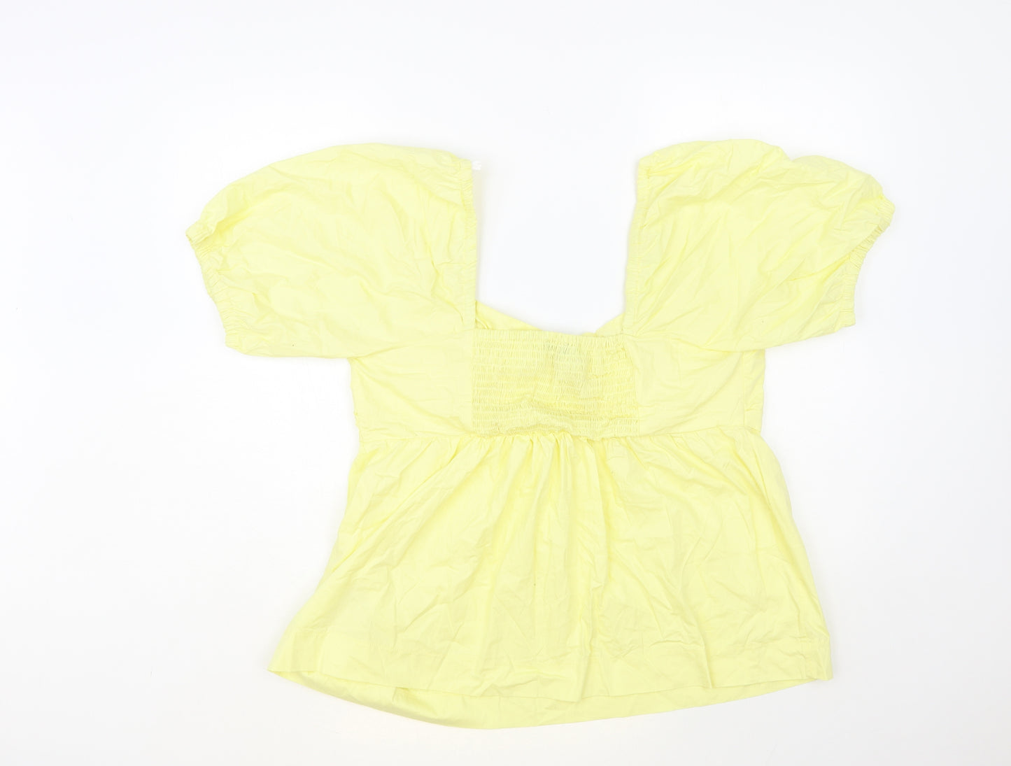 Primark Womens Yellow Cotton Basic Blouse Size 14 Sweetheart - Puff Sleeves