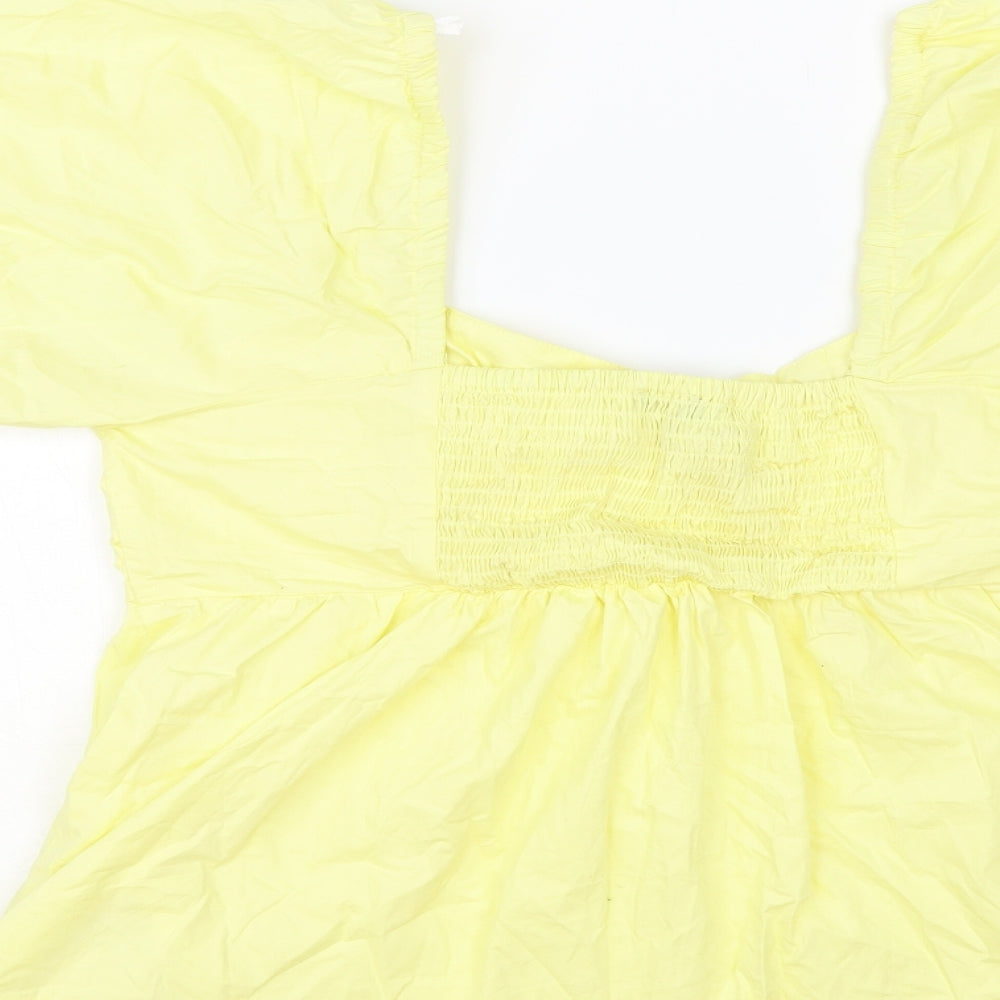 Primark Womens Yellow Cotton Basic Blouse Size 14 Sweetheart - Puff Sleeves