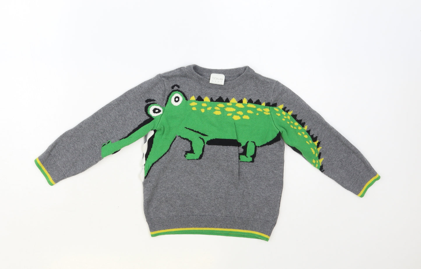 F&F Boys Grey Crew Neck Cotton Pullover Jumper Size 2-3 Years Pullover - Crocodile
