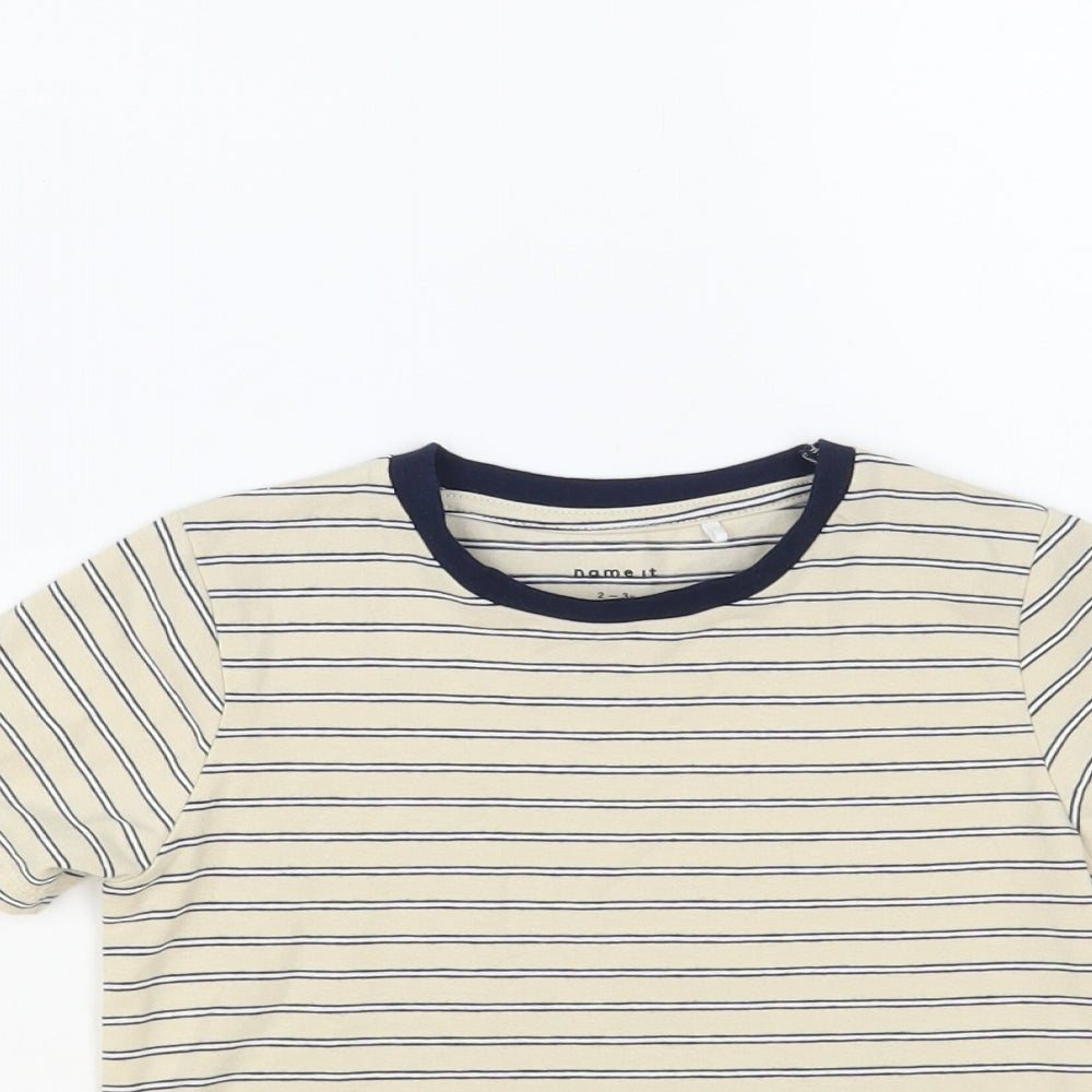 name it Boys Beige Striped Cotton Pullover T-Shirt Size 2-3 Years Crew Neck Pullover