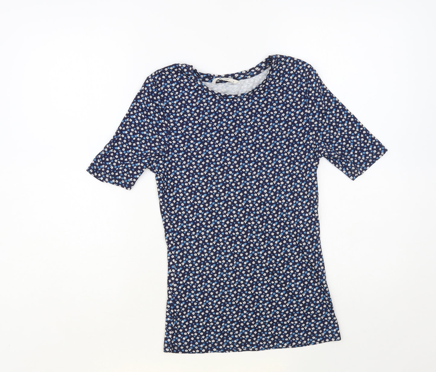 TU Womens Blue Floral Cotton Basic T-Shirt Size 8 Round Neck