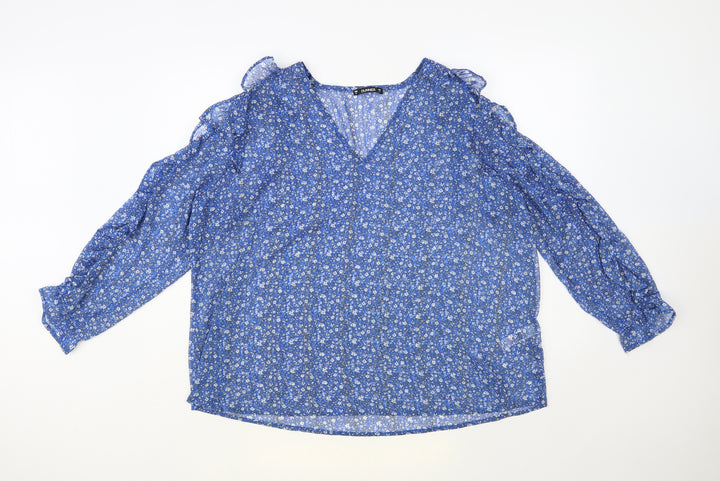 Dunnes Stores Womens Blue Floral Polyester Basic Blouse Size XL V-Neck