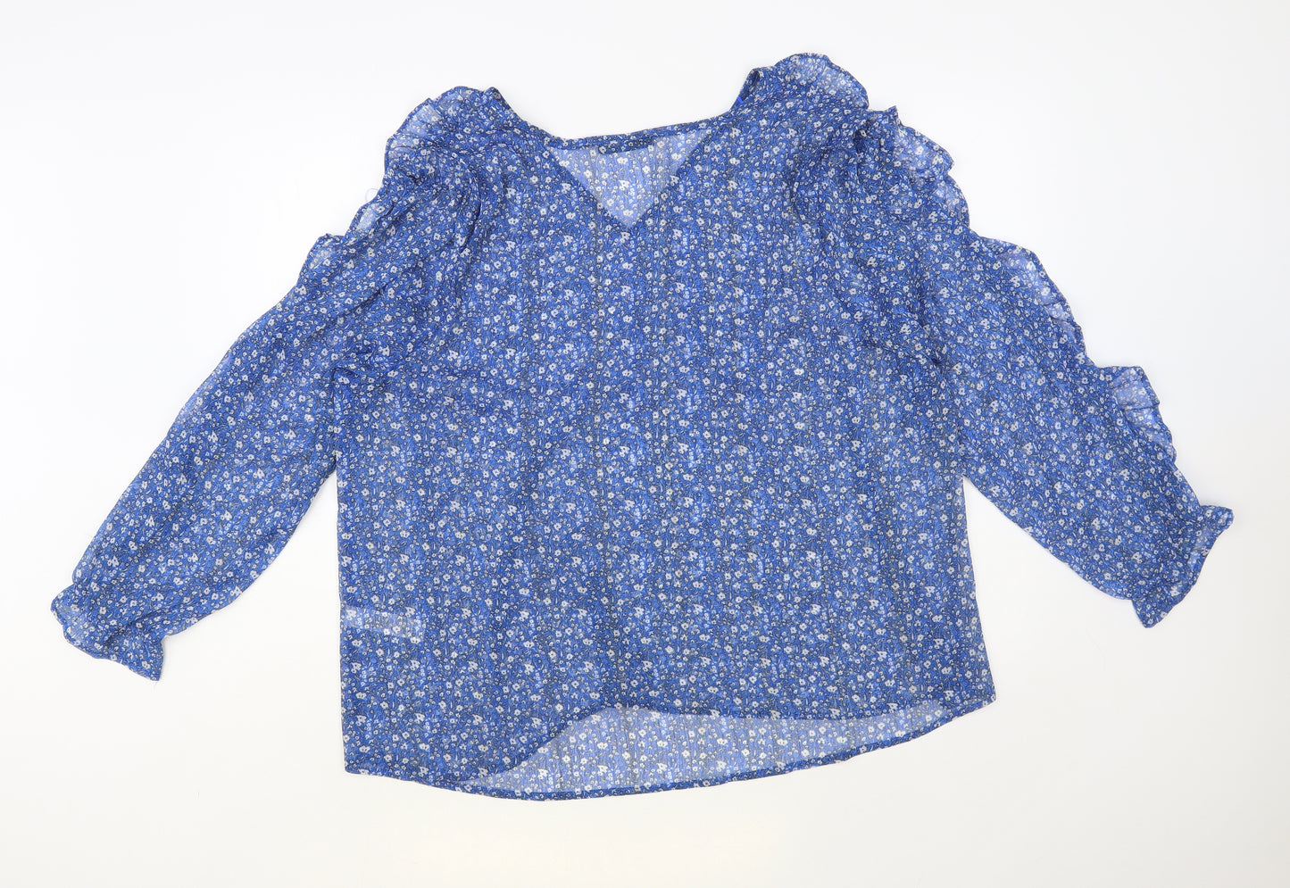 Dunnes Stores Womens Blue Floral Polyester Basic Blouse Size XL V-Neck