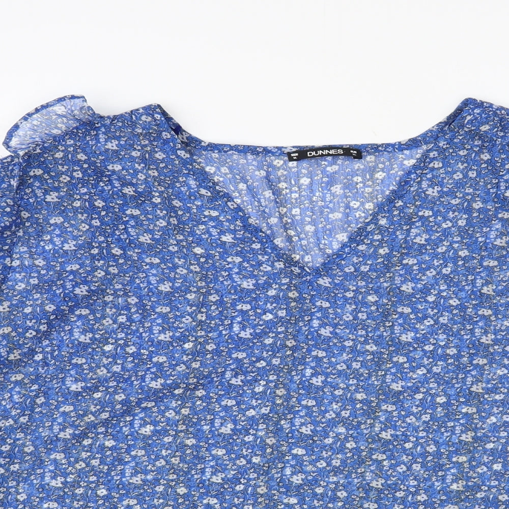 Dunnes Stores Womens Blue Floral Polyester Basic Blouse Size XL V-Neck