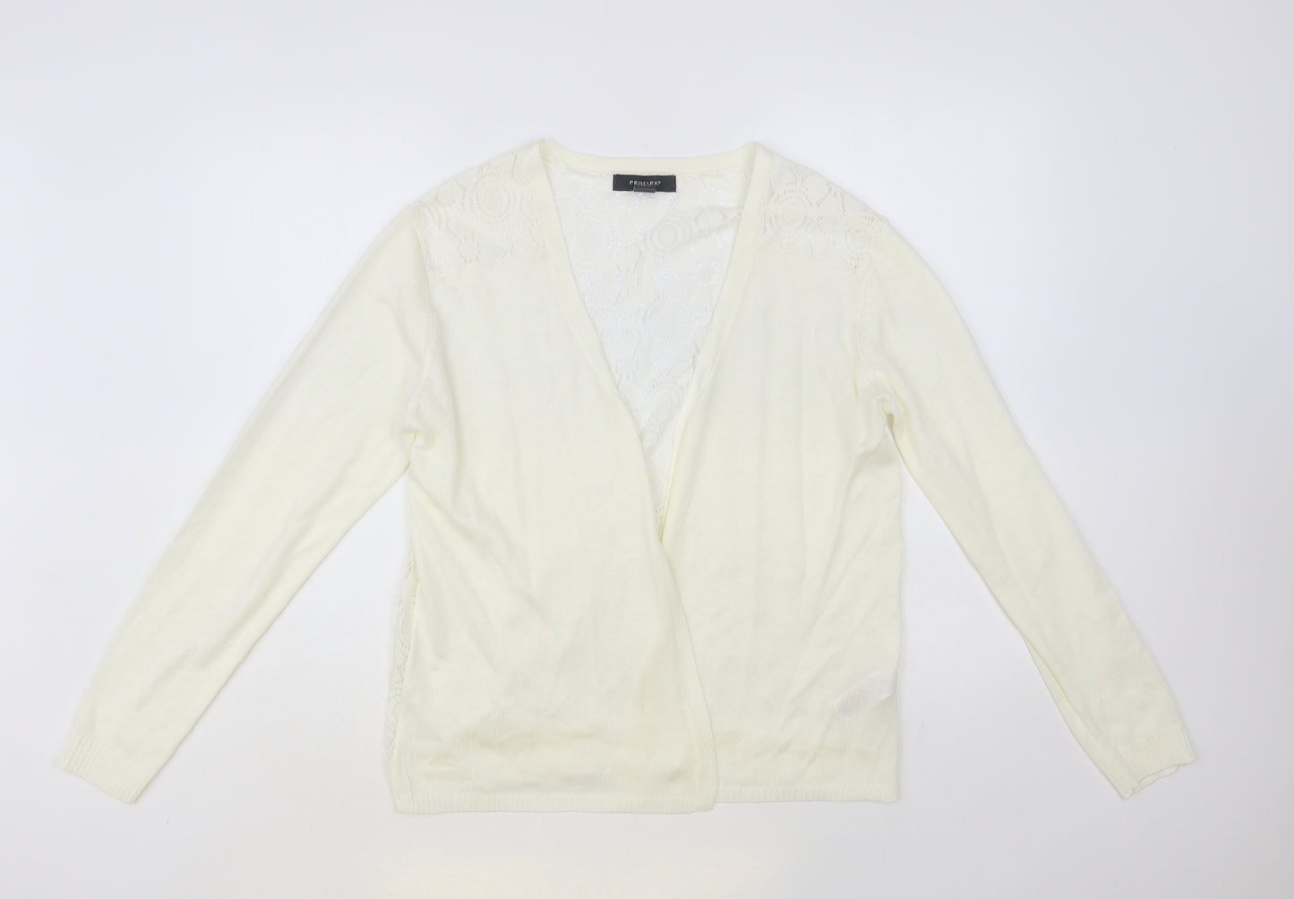 Primark Womens Ivory V-Neck Floral Acrylic Cardigan Jumper Size 14 - Lace Back