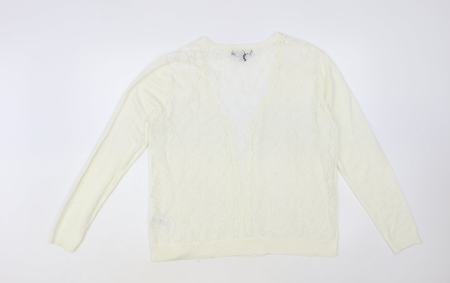 Primark Womens Ivory V-Neck Floral Acrylic Cardigan Jumper Size 14 - Lace Back