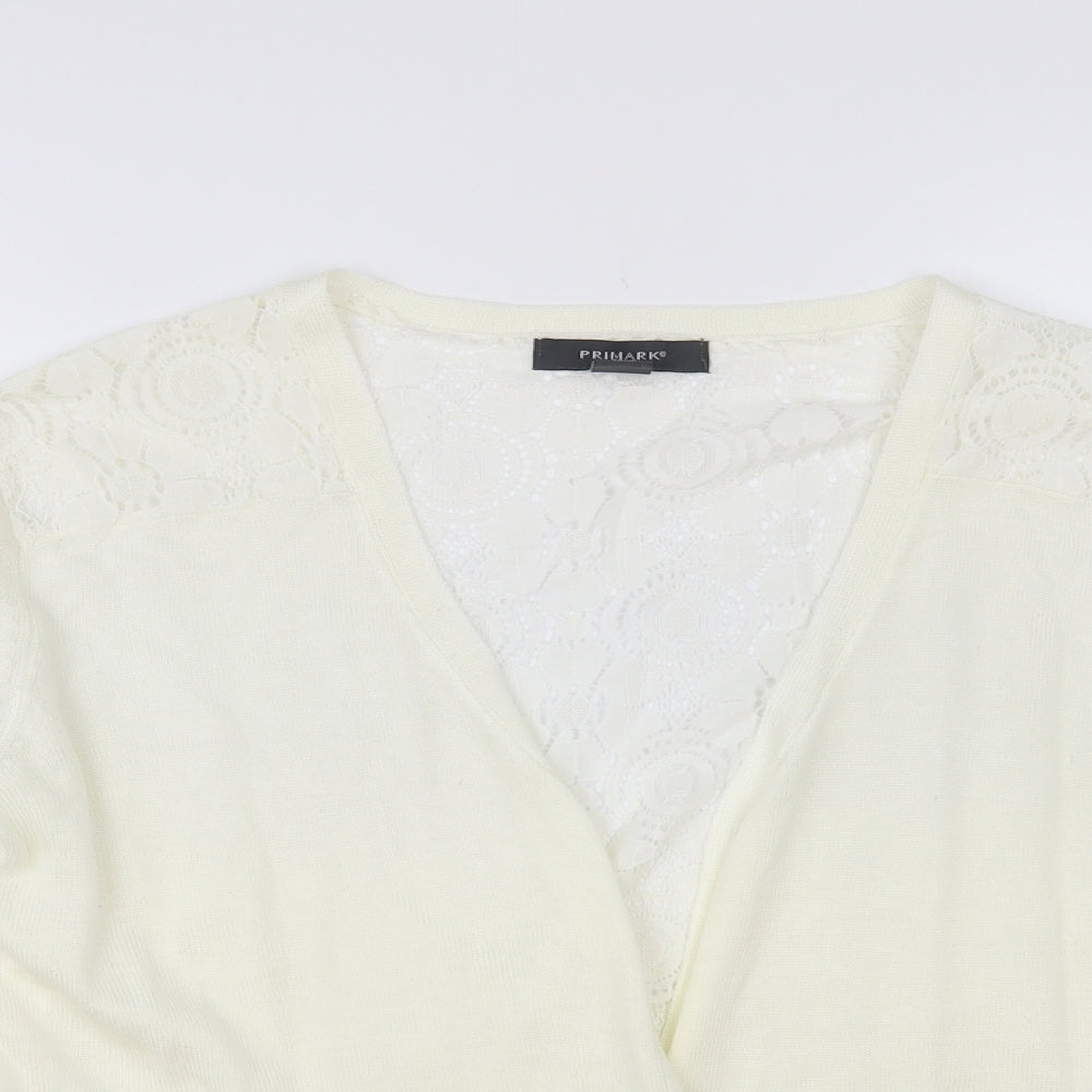 Primark Womens Ivory V-Neck Floral Acrylic Cardigan Jumper Size 14 - Lace Back