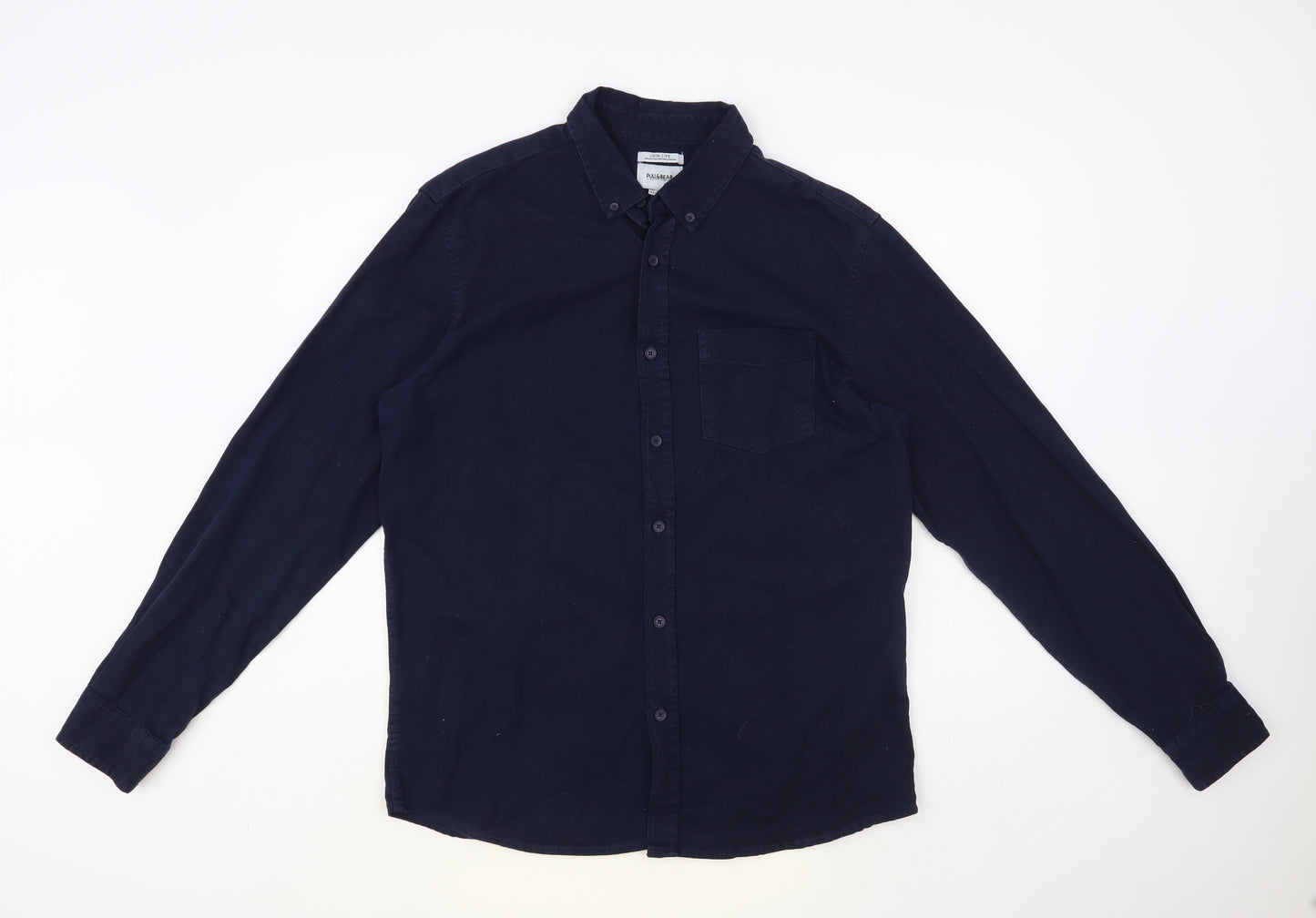 Pull&Bear Mens Blue Cotton Button-Up Size L Collared Button