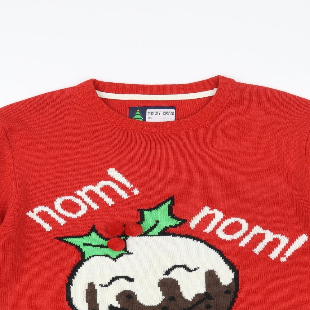 Preworn Womens Red Crew Neck Acrylic Pullover Jumper Size L - Christmas Pudding
