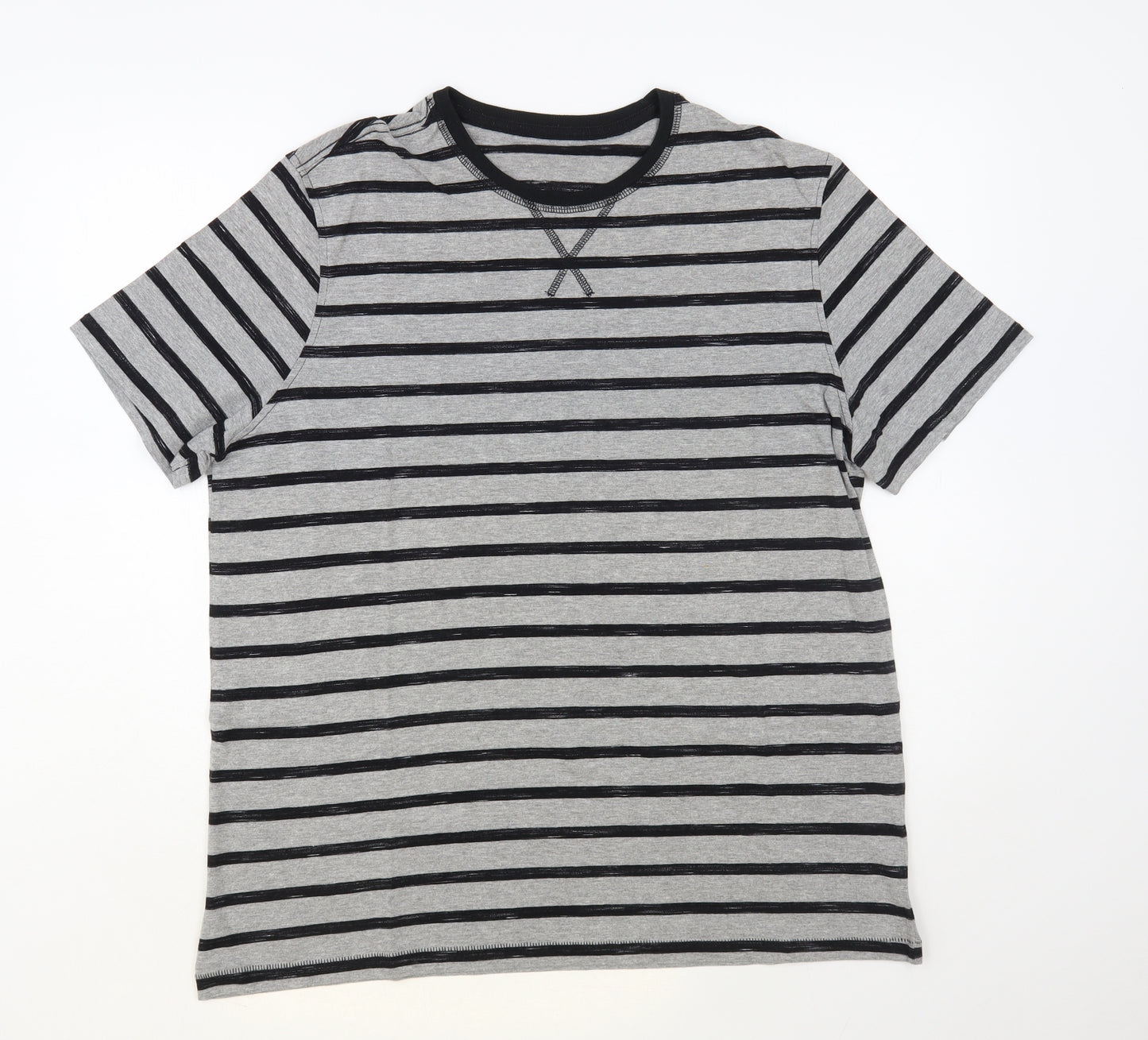 George Mens Grey Striped Cotton T-Shirt Size XL Crew Neck