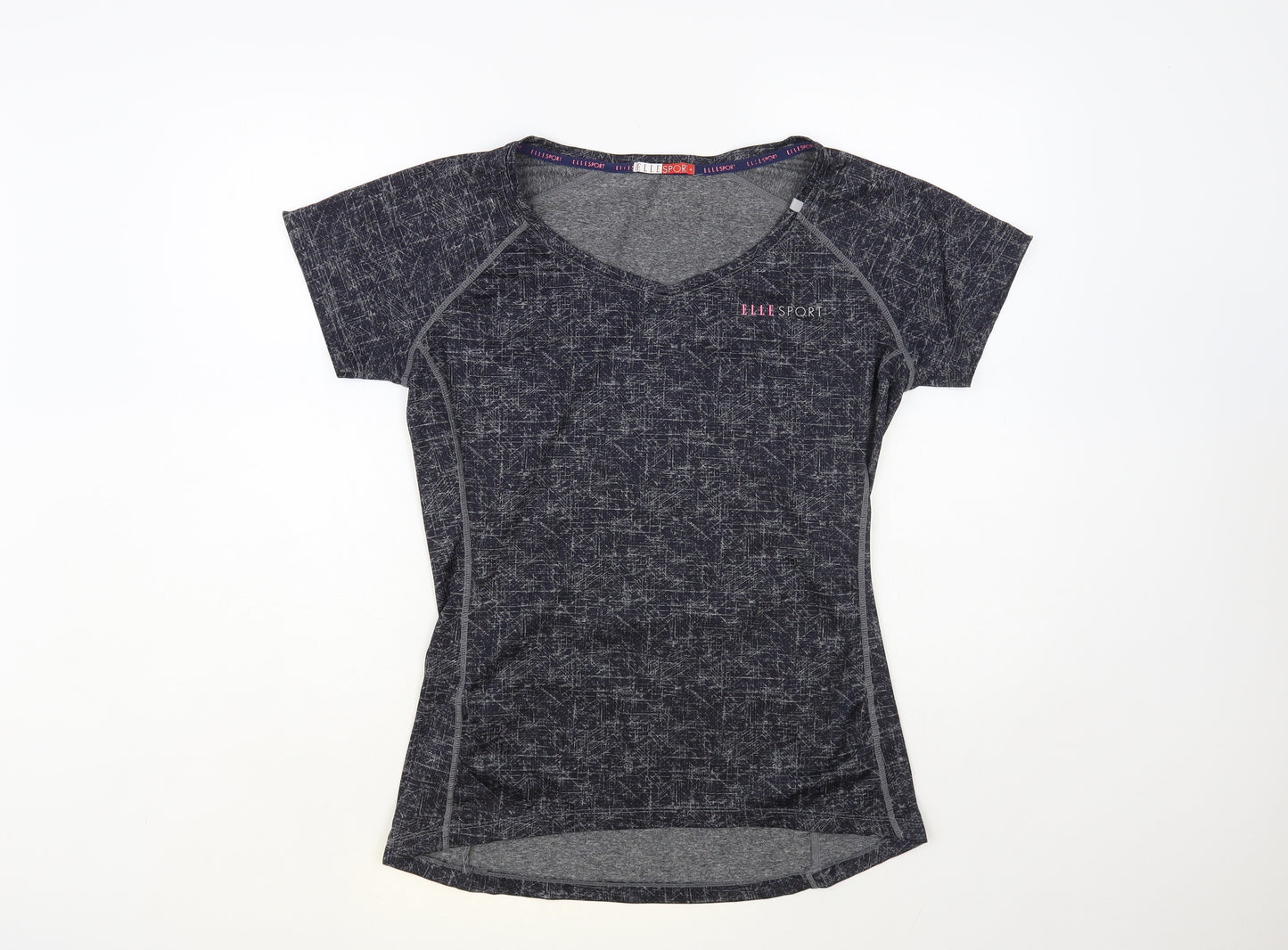 Elle Sport Womens Blue Geometric Polyester Pullover T-Shirt Size M V-Neck Pullover