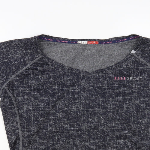 Elle Sport Womens Blue Geometric Polyester Pullover T-Shirt Size M V-Neck Pullover