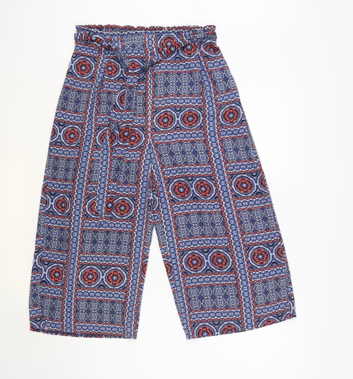 Primark Womens Blue Geometric Polyester Cropped Trousers Size 12 L21 in Regular Tie