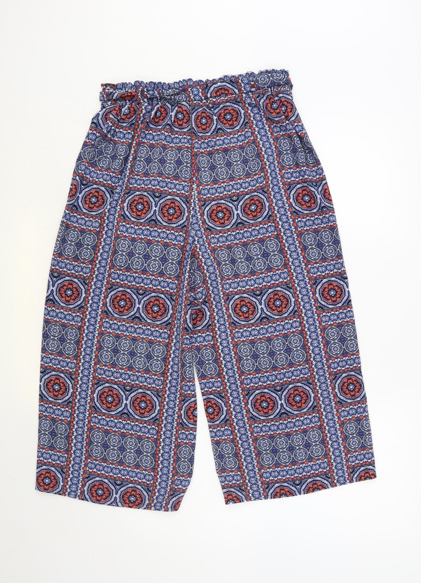 Primark Womens Blue Geometric Polyester Cropped Trousers Size 12 L21 in Regular Tie