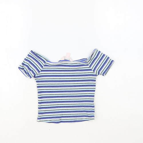 Miss Selfridge Womens Blue Striped Viscose Cropped T-Shirt Size 6 Off the Shoulder