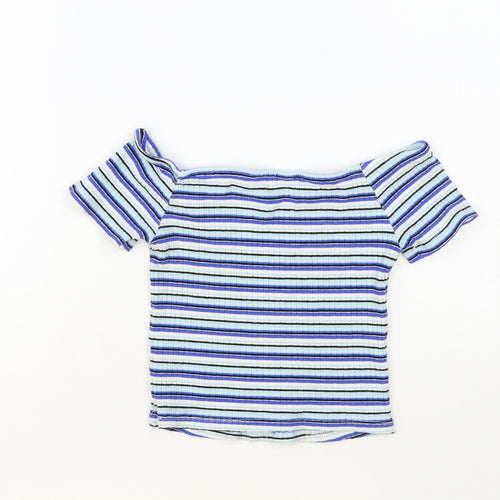 Miss Selfridge Womens Blue Striped Viscose Cropped T-Shirt Size 6 Off the Shoulder
