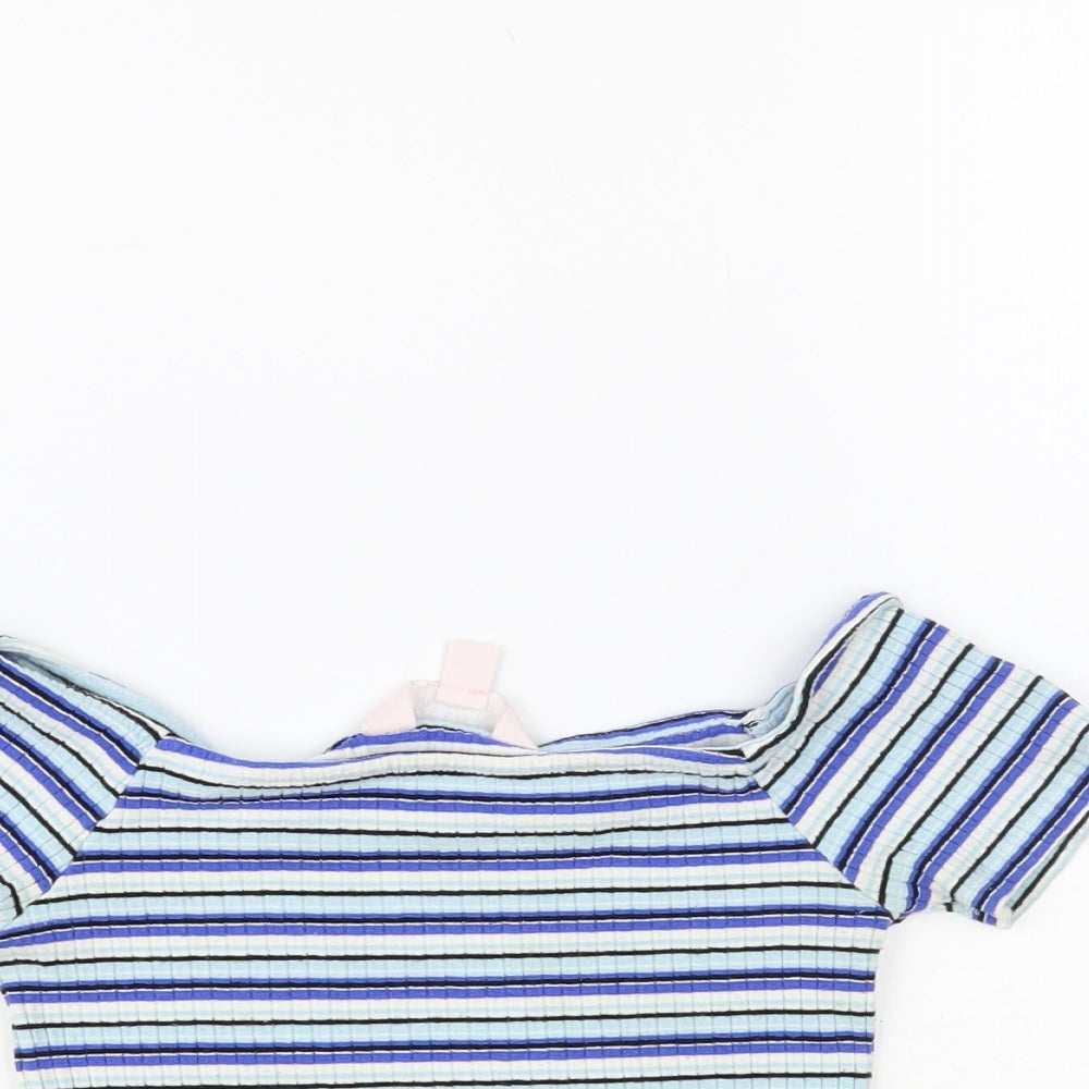 Miss Selfridge Womens Blue Striped Viscose Cropped T-Shirt Size 6 Off the Shoulder