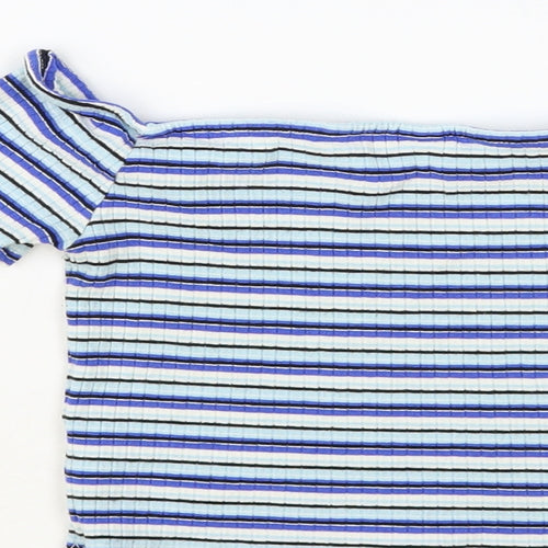 Miss Selfridge Womens Blue Striped Viscose Cropped T-Shirt Size 6 Off the Shoulder