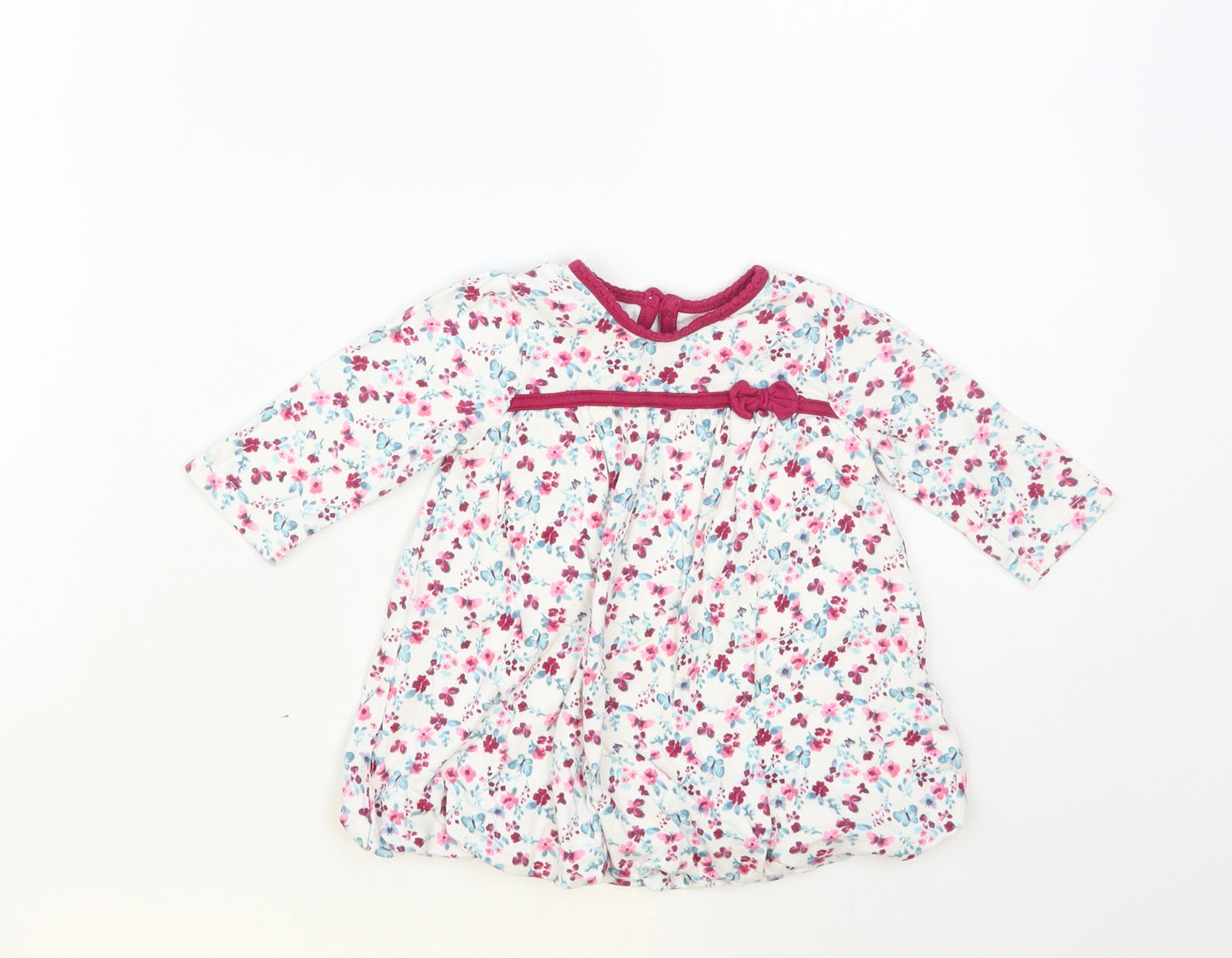 George Baby White Floral Cotton A-Line Size 0-3 Months Crew Neck Button