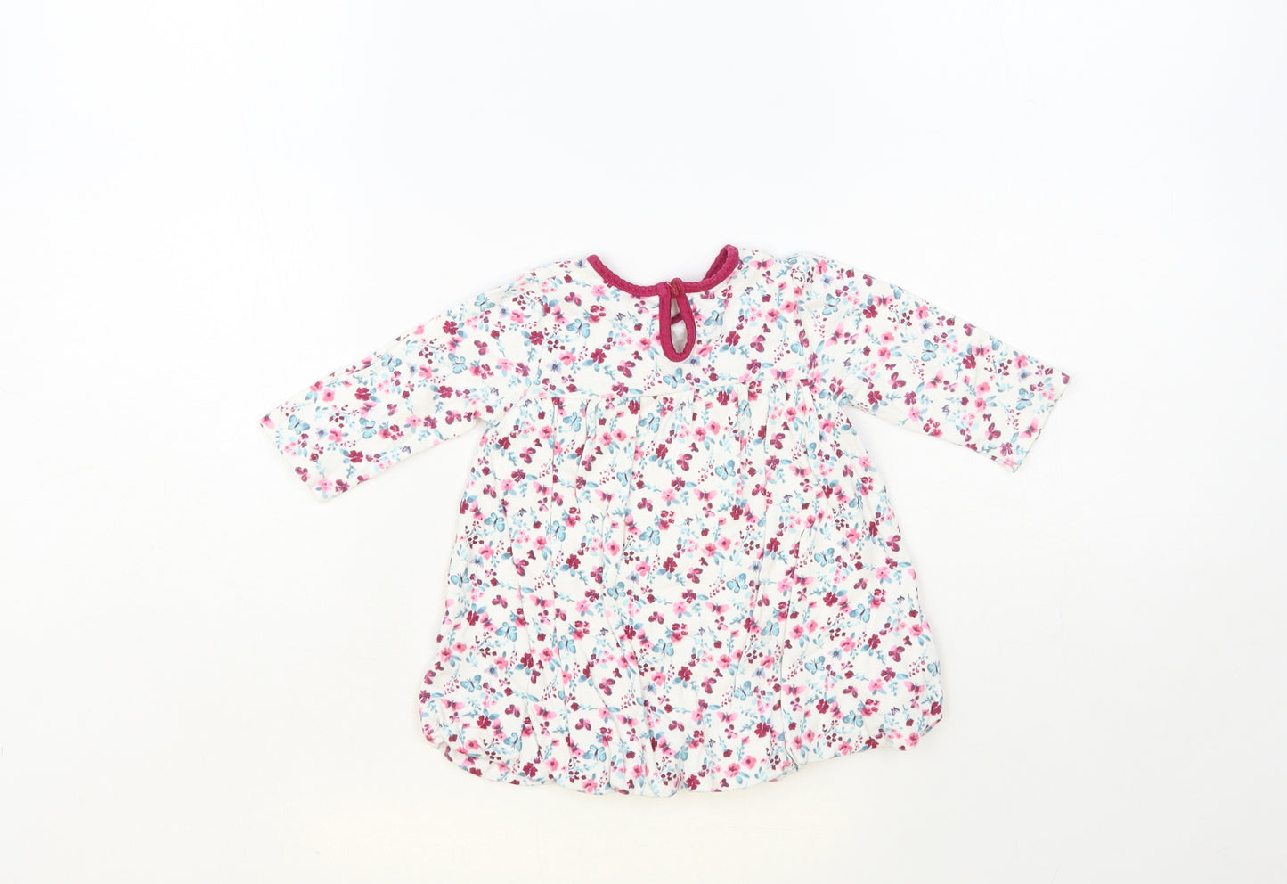 George Baby White Floral Cotton A-Line Size 0-3 Months Crew Neck Button