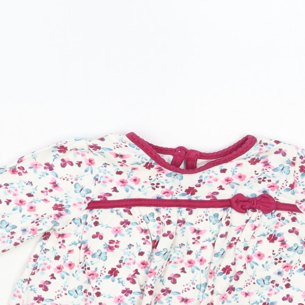 George Baby White Floral Cotton A-Line Size 0-3 Months Crew Neck Button