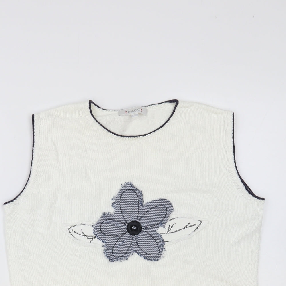 PACO Womens White Crew Neck Cotton Pullover Jumper Size L - Flower