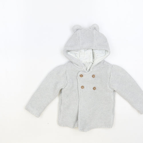 Marks and Spencer Baby Grey Cotton Cardigan Jumper Size 6-9 Months Button - Bear Hood