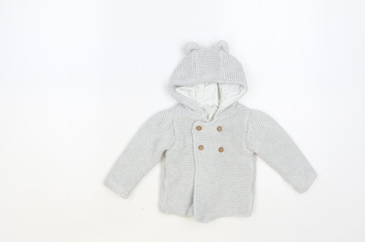 Marks and Spencer Baby Grey Cotton Cardigan Jumper Size 6-9 Months Button - Bear Hood