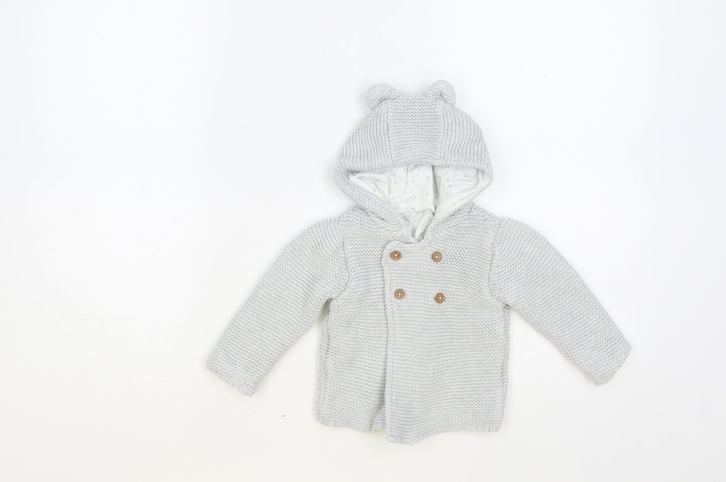 Marks and Spencer Baby Grey Cotton Cardigan Jumper Size 6-9 Months Button - Bear Hood