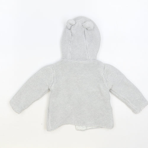 Marks and Spencer Baby Grey Cotton Cardigan Jumper Size 6-9 Months Button - Bear Hood