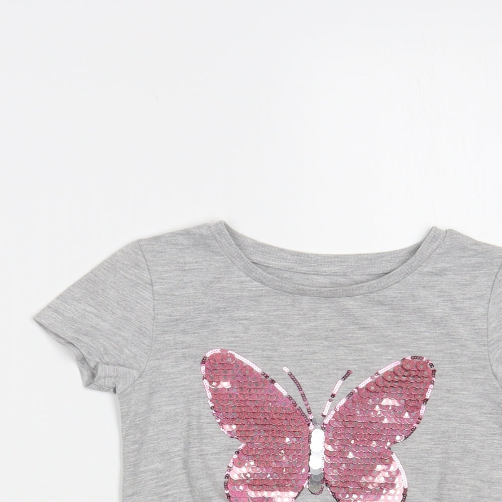 Dunnes Stores Girls Grey Polyester Pullover T-Shirt Size 5 Years Crew Neck Pullover - Buttefly