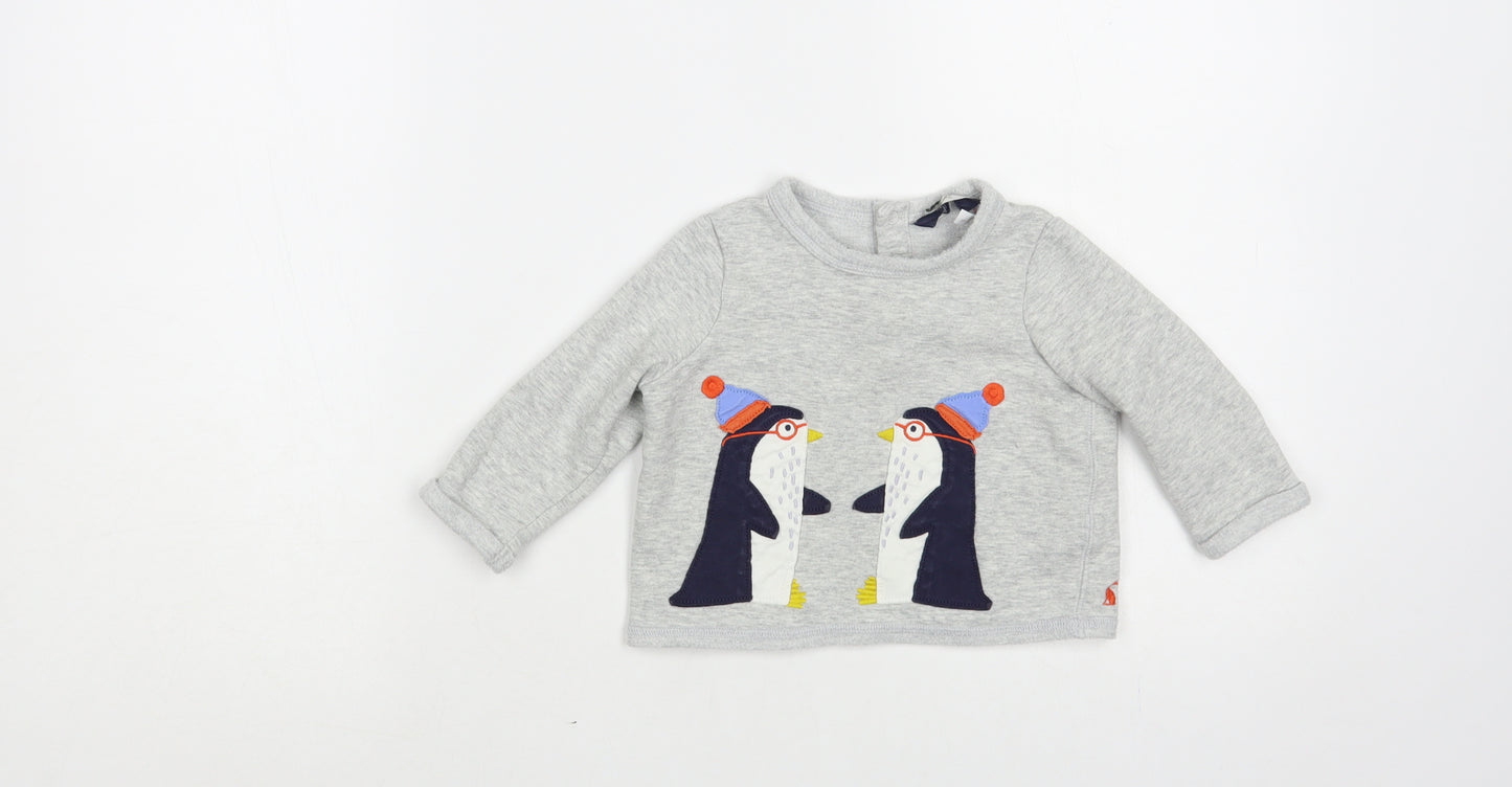 Joules Baby Grey Cotton Pullover Jumper Size 9-12 Months Snap - Penguins