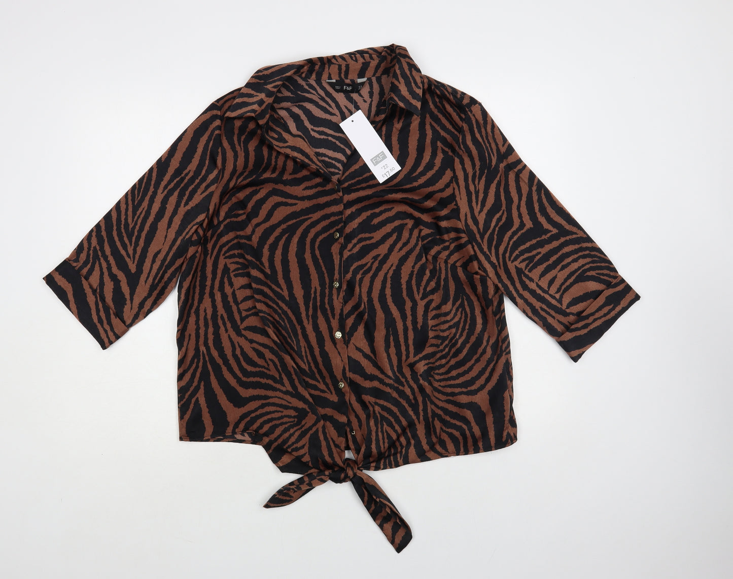 F&F Womens Brown Animal Print Polyester Basic Button-Up Size 16 Collared - Tie Front