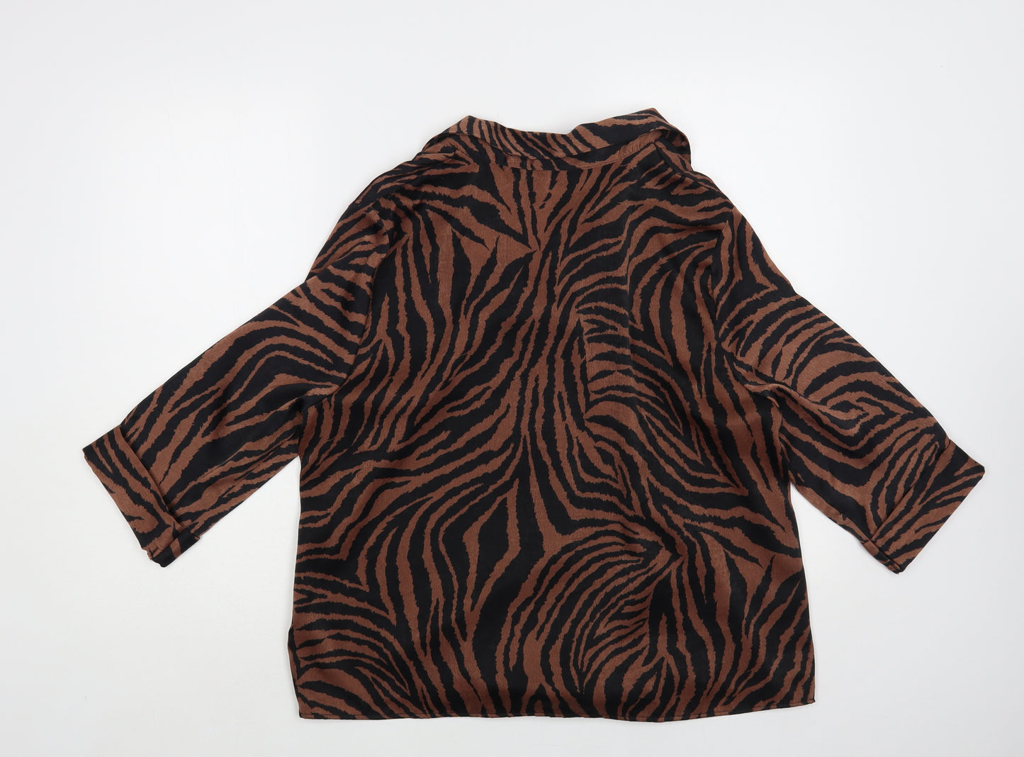 F&F Womens Brown Animal Print Polyester Basic Button-Up Size 16 Collared - Tie Front