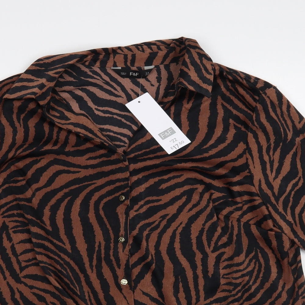 F&F Womens Brown Animal Print Polyester Basic Button-Up Size 16 Collared - Tie Front