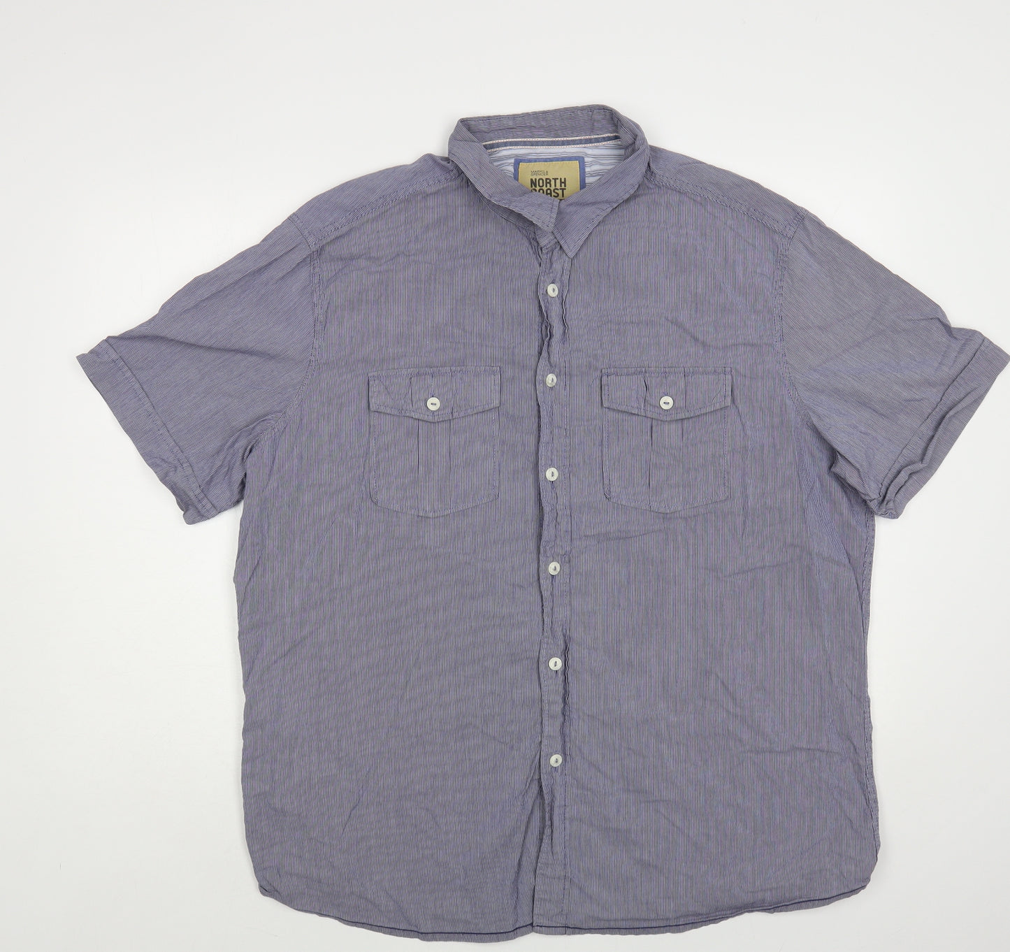 Marks and Spencer Mens Blue Cotton Button-Up Size 2XL Collared Button