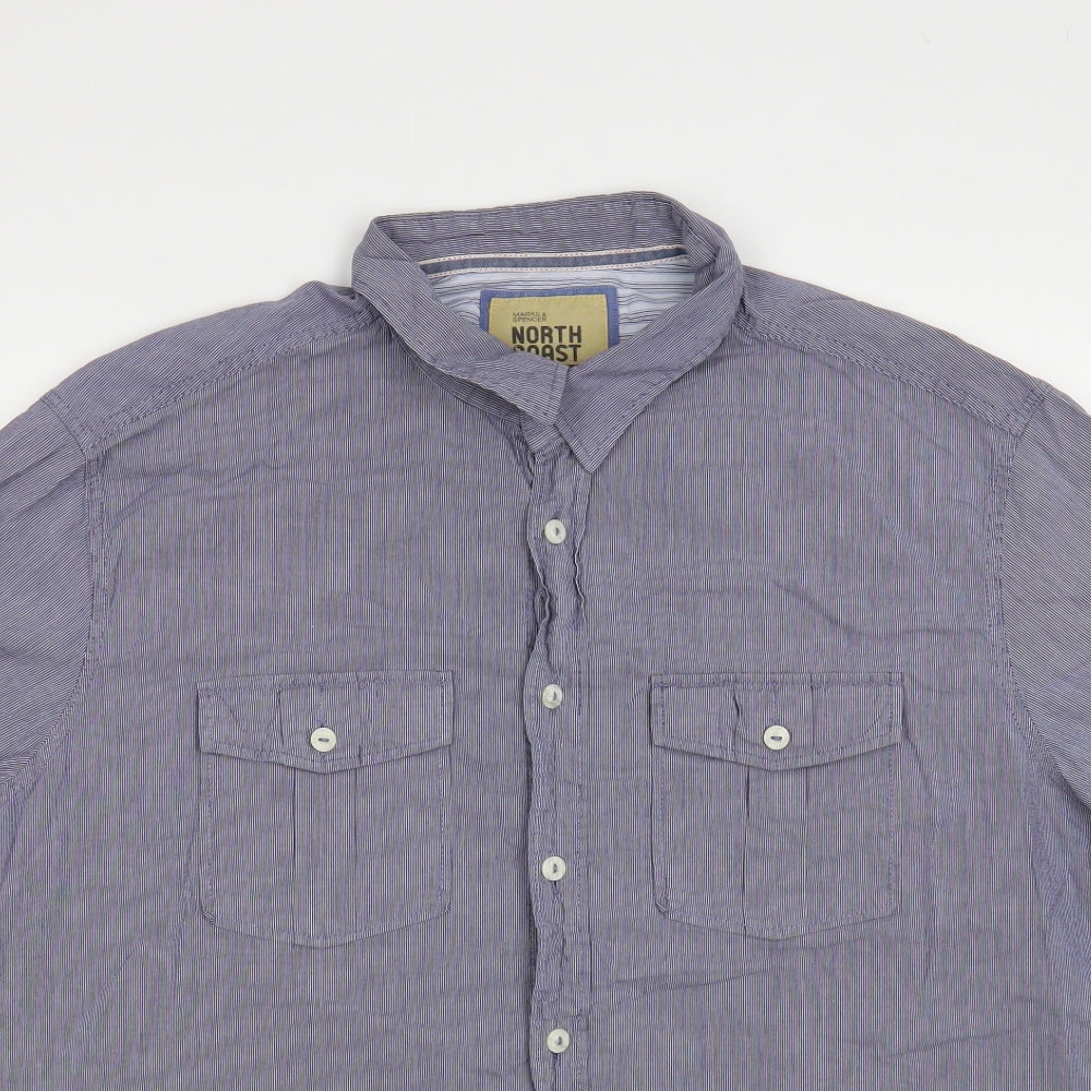 Marks and Spencer Mens Blue Cotton Button-Up Size 2XL Collared Button
